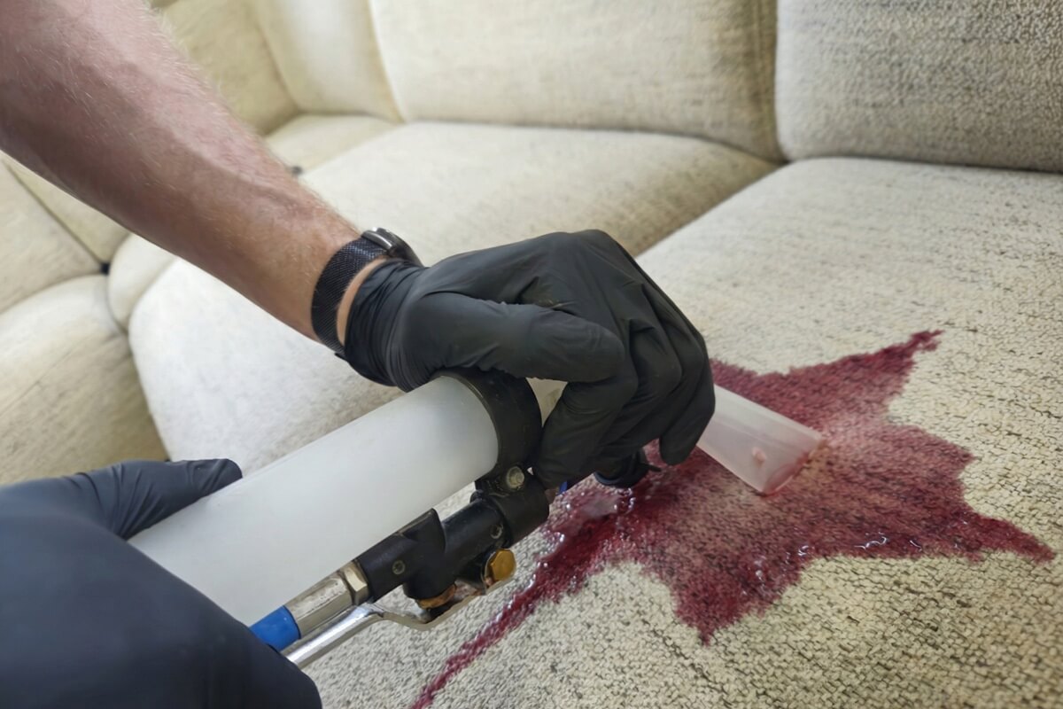 Plama z czerwonego wina na jasnej tapicerki - czyszczenie w Lublinie